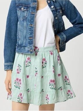 J. Crew Tiered Mint Floral Skirt with Pink Rose Print